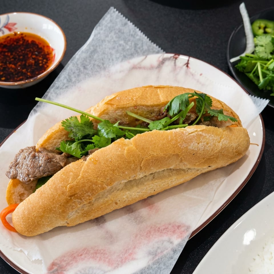Vietnamese bánh mì sandwiches with grilled beef, cilantro, pickled vegetables, dipping sauce, herbs, and white rice on a table.