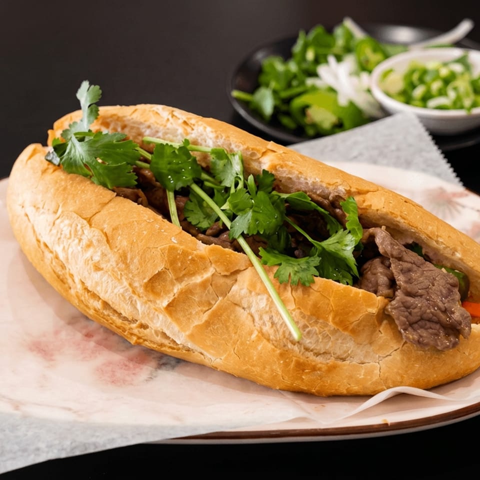 Vietnamese bánh mì sandwich filled with beef, cilantro, and pickled vegetables, served with herbs and dipping sauce.