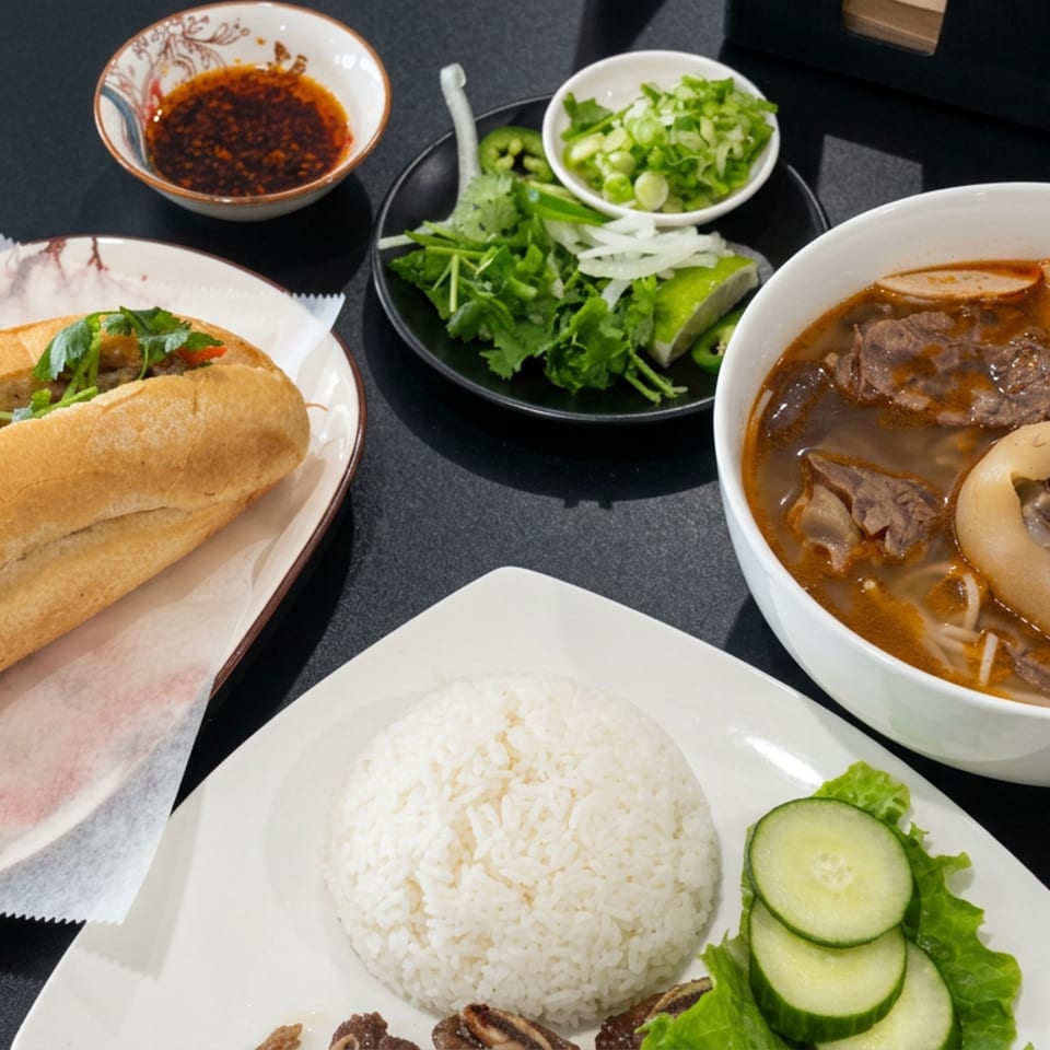 Vietnamese meal spread featuring bánh mì sandwiches, spicy beef noodle soup, steamed rice, fresh herbs, vegetables, and dipping sauce.