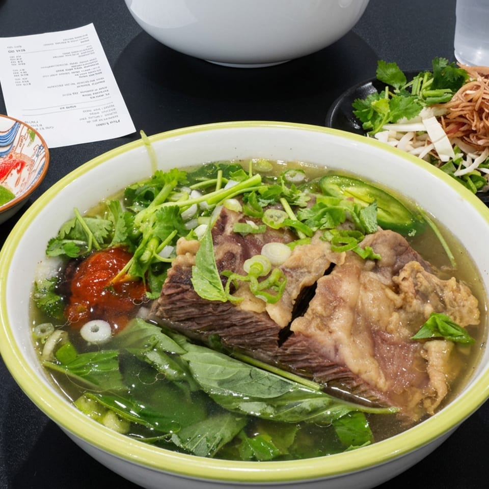 Vietnamese beef pho topped with herbs, bean sprouts, and scallions, served with lime wedges, chili sauce, and crispy noodles.