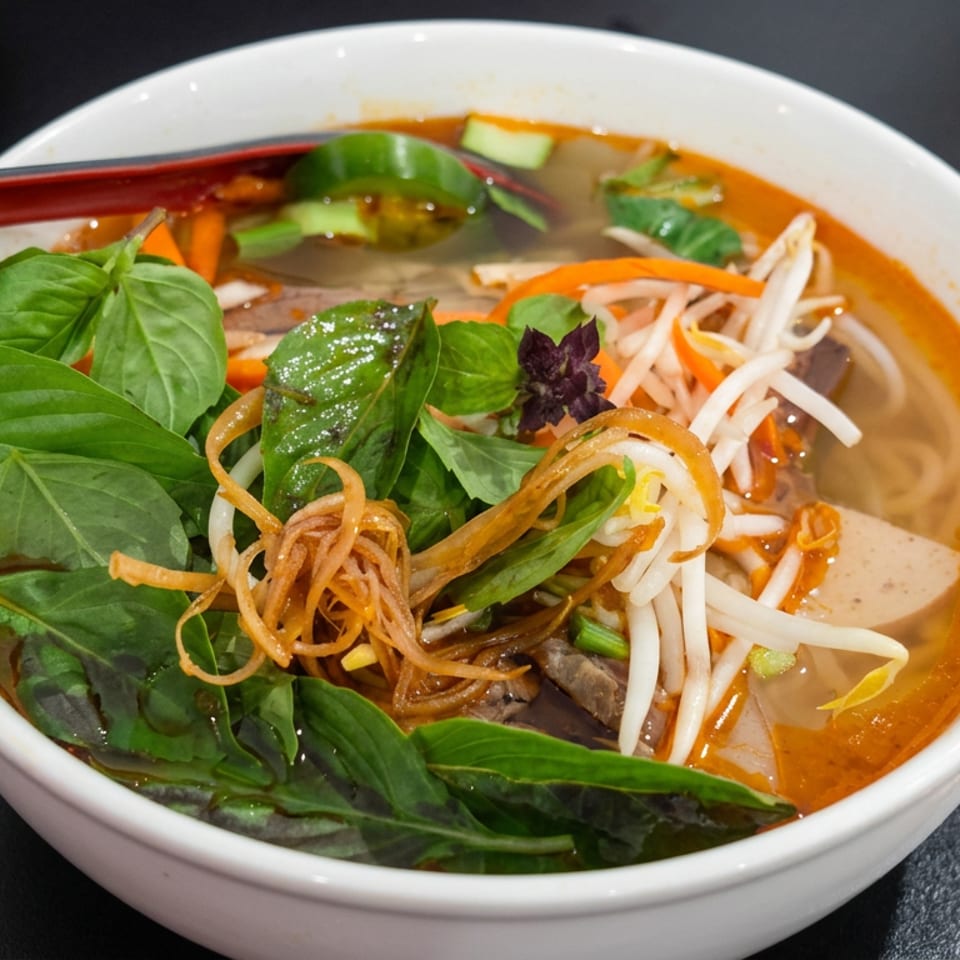 Bowl of Vietnamese noodle soup with herbs, bean sprouts, vegetables, tofu, and a red spoon on a dark table.
