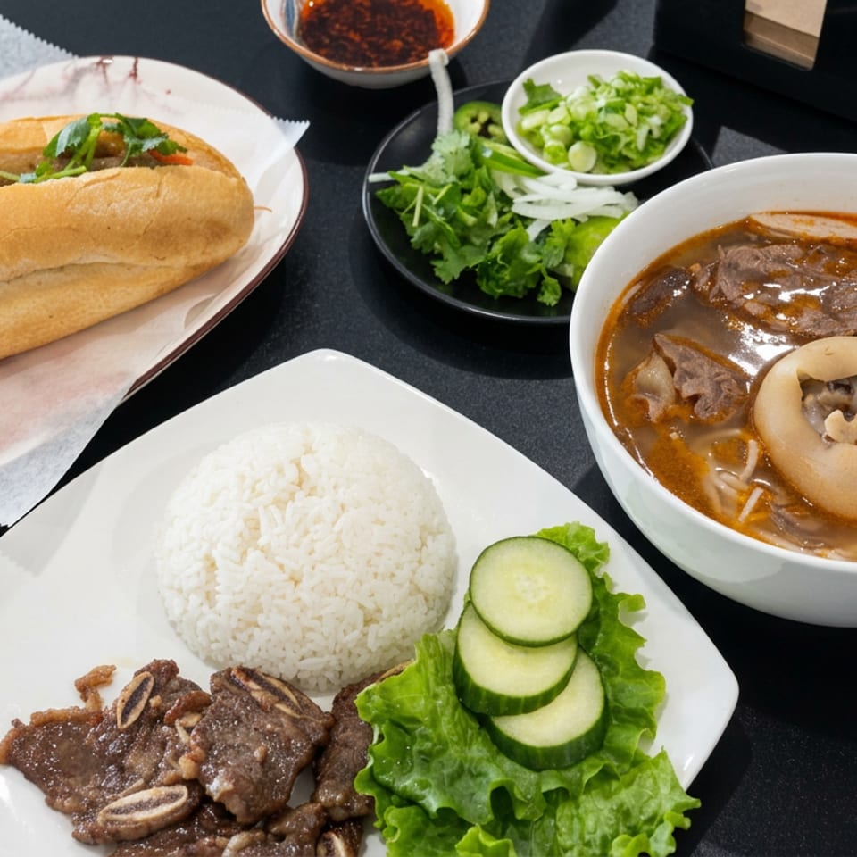 Vietnamese meal featuring bánh mì sandwiches, beef noodle soup, grilled beef with rice, cucumber, lettuce, and fresh herbs.